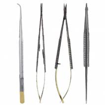 Kit Microcirugía 18cm TC / Acero, Pinzas, Porta-Agujas y Tijeras, Puntas Curvas, 4 piezas Masters